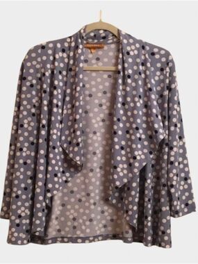 Ellen Tracy Top women's size medium Blue White Open Drape Front Polka Dot Circle